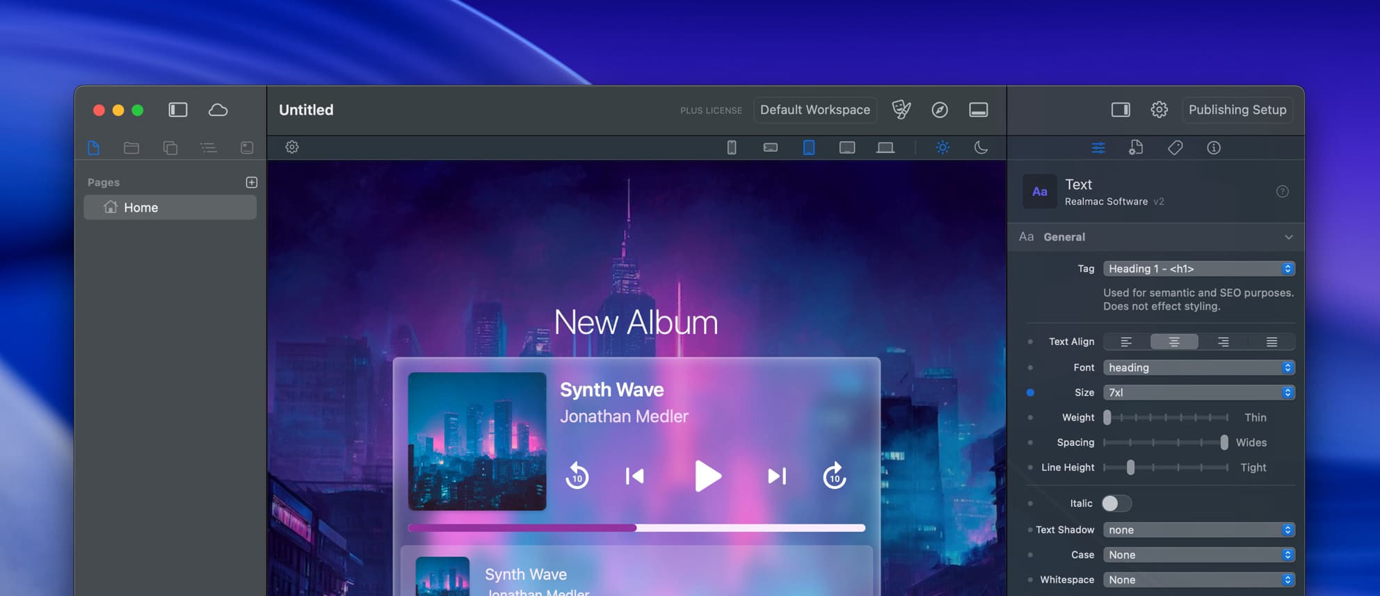 RapidWeaver Elements - Mac website builder interface showing Tailwind CSS layout editor.